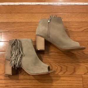 Open tie, suede booties with fringe detail - 3” heel